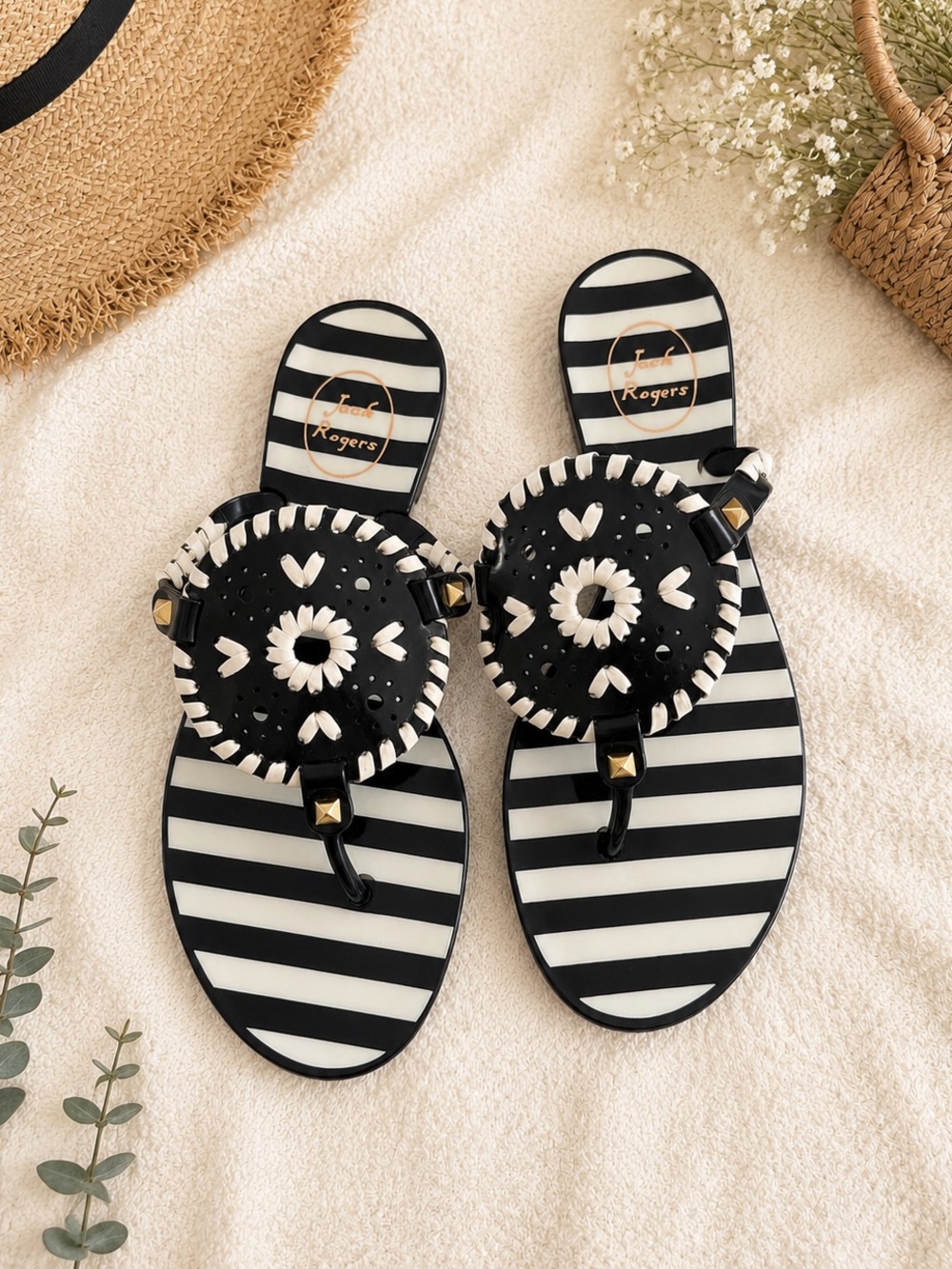 Jack Rogers Navy Blue & White Striped Braided Medallion Sandals | Flip-Flop | 7